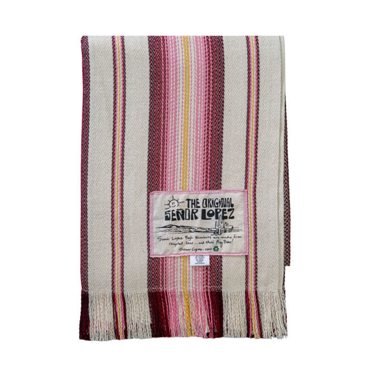 A striped woven Baja blanket with fringe, featuring vertical stripes in cream, burgundy, pink, and yellow. An Original Señor Lopez Blanket.